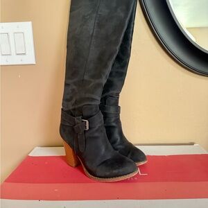 Black Knee-High Boots with Wooden Heel